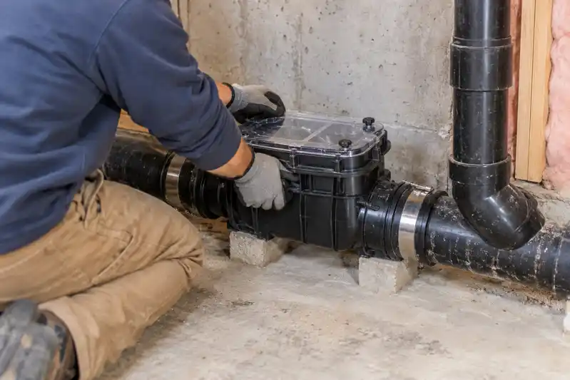 Technician working on a black backwater valve connected to drain pipes along a foundation wall