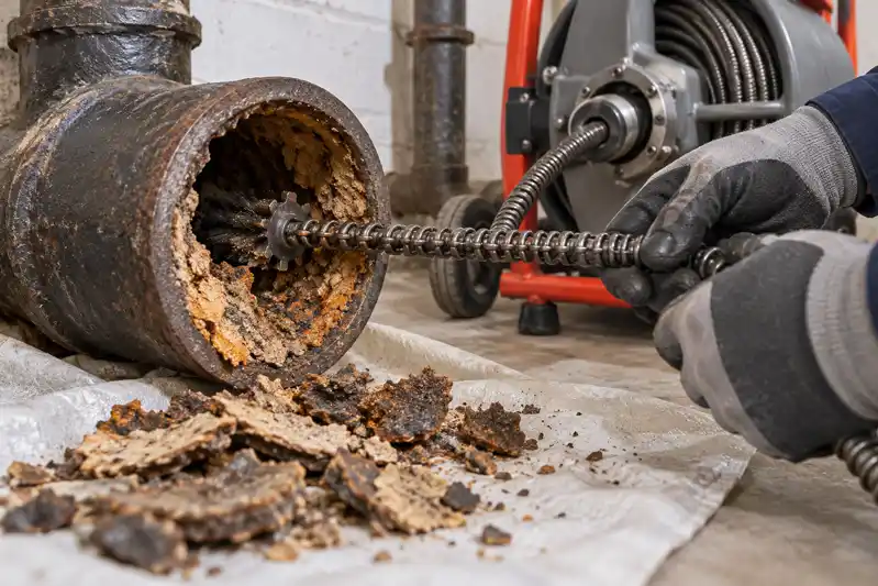 Gloved technician cleaning a cast iron pipe, with loose rust and scale beneath the opening