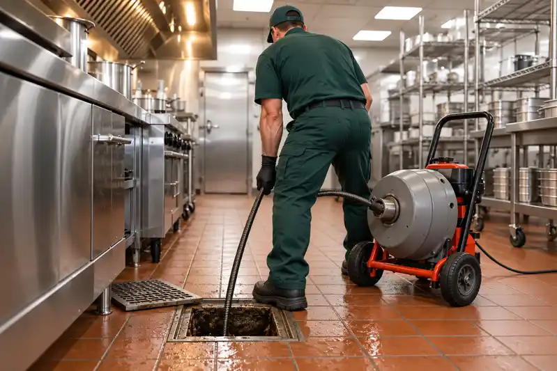 Technician using a red drain machine between stainless steel counters in a commercial kitchen