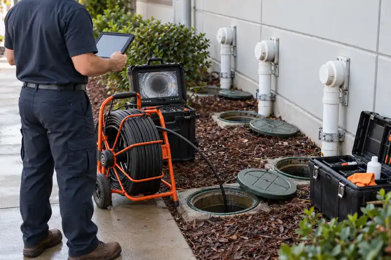 Technician holding inspection notes beside a sewer camera monitor and outdoor access covers