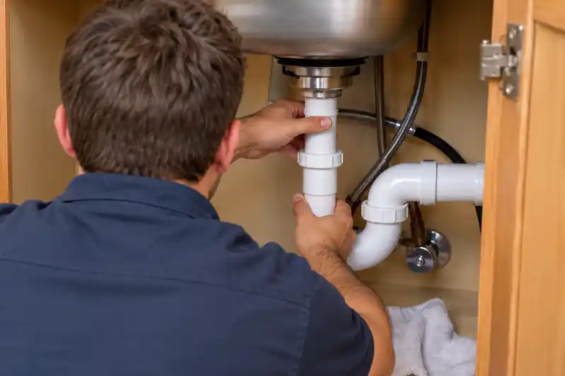 Technician checking a white drain trap and pipe connections beneath a sink