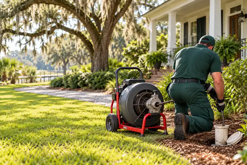 Technician feeding a jetting hose into an outdoor cleanout beside a hose reel and shrubs