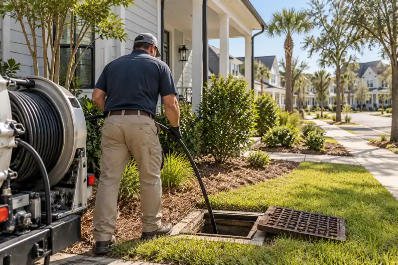 Technician guiding a hose into an open yard drain beside a residential lawn