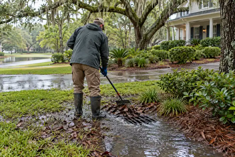 Technician using a hose at a yard drain surrounded by standing water and wet leaves
