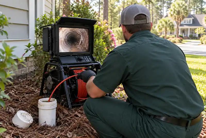 Technician watching a sewer camera monitor while feeding inspection cable through a cleanout