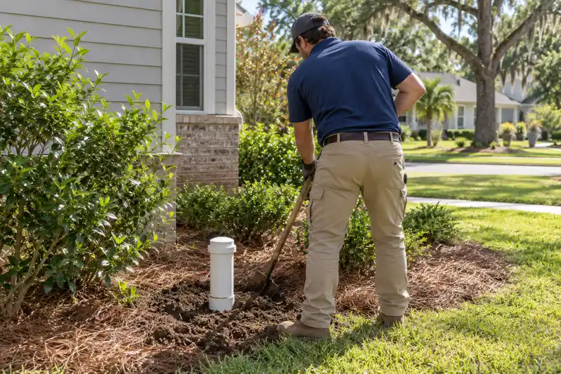 Technician working beside an upright white sewer cleanout pipe near shrubs and a lawn