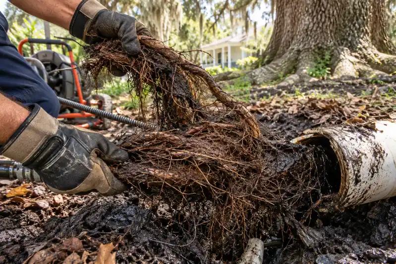 Gloved worker pulling a dense mass of tree roots from an open sewer pipe with a drain cable