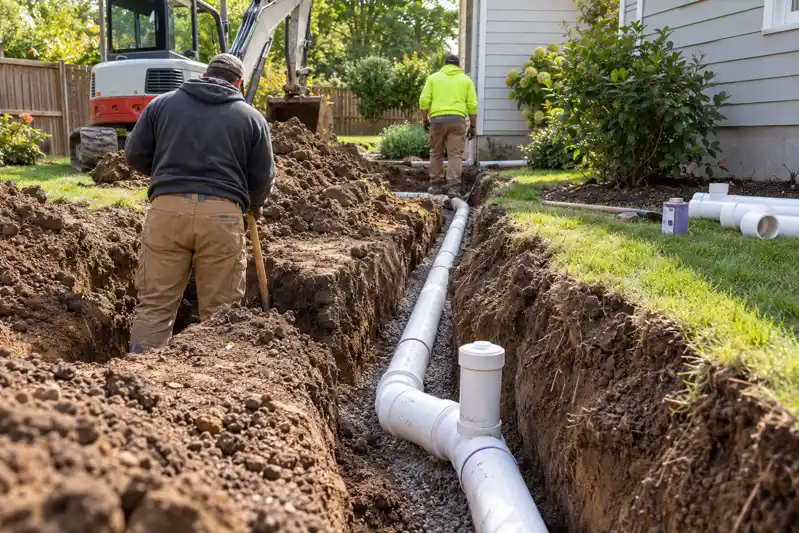 Workers beside a long excavated trench containing new white sewer pipe sections