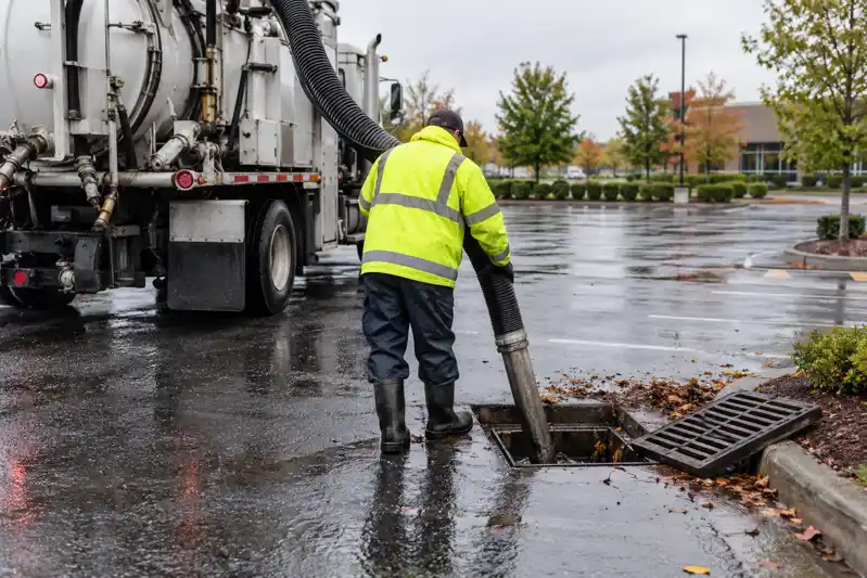 Technician guiding a hose into an open storm drain on wet pavement beside a service truck