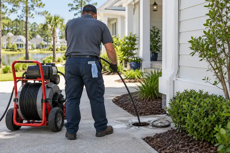 Technician guiding a drain cable toward an open outdoor access point beside a home