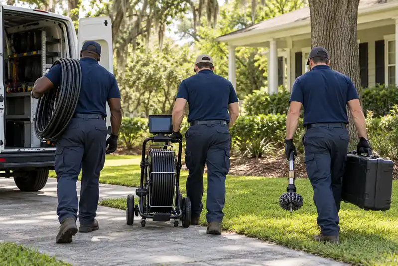 Three drain technicians walking toward a house with a camera reel, hose and tool case