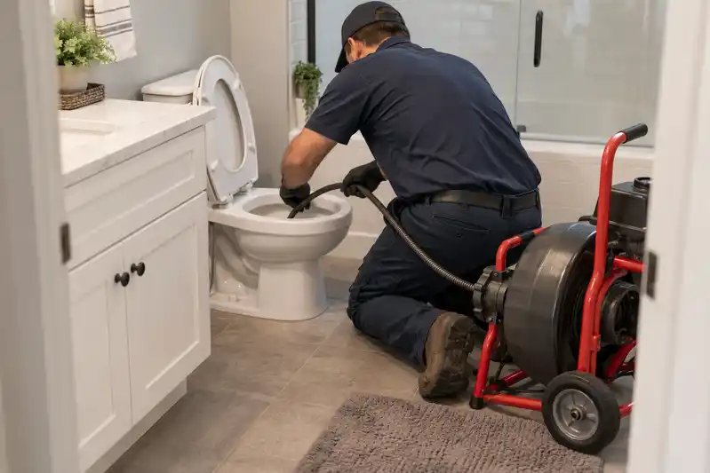 Technician using a drain auger in a toilet bowl beside a red drain machine